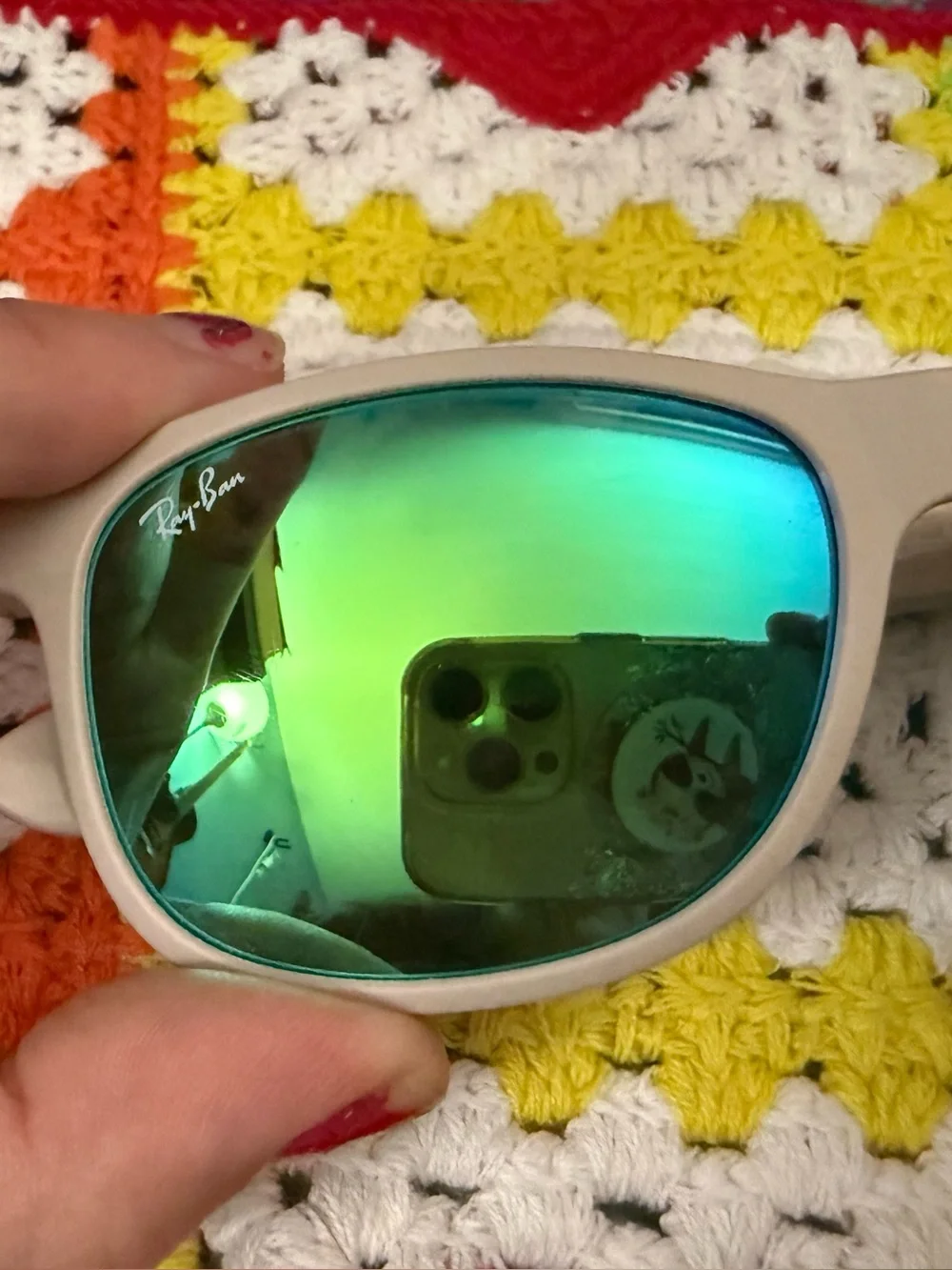 Ray-Ban Beige Frame Sunglasses with Green Mirror Lenses